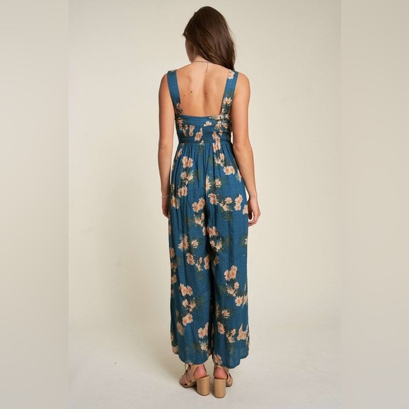 149B. Floral Smocked Bodice Jumpsuit - Teal Blue - Picture 3 of 9